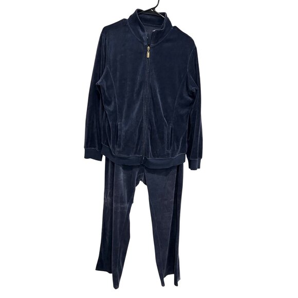 Two-Piece Navy Velour Zip-Up Tracksuit With High Collar Elastic Waist Sz M/L - Picture 1 of 16